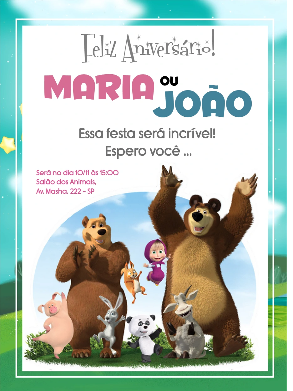 Convite de Aniversário Masha e o Urso para Editar Online