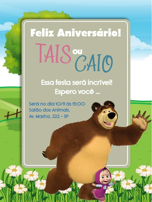 Convite Aniversário Masha e o Urso com Personagens para Editar