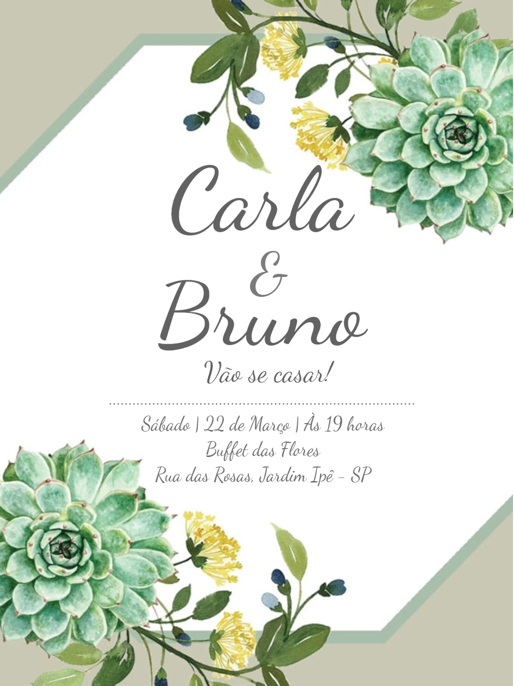 Convite de Casamento com Suculentas para Editar Online