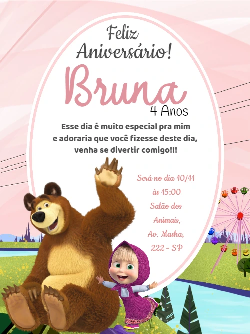 Convite de Aniversário Masha e o Urso para Editar Online