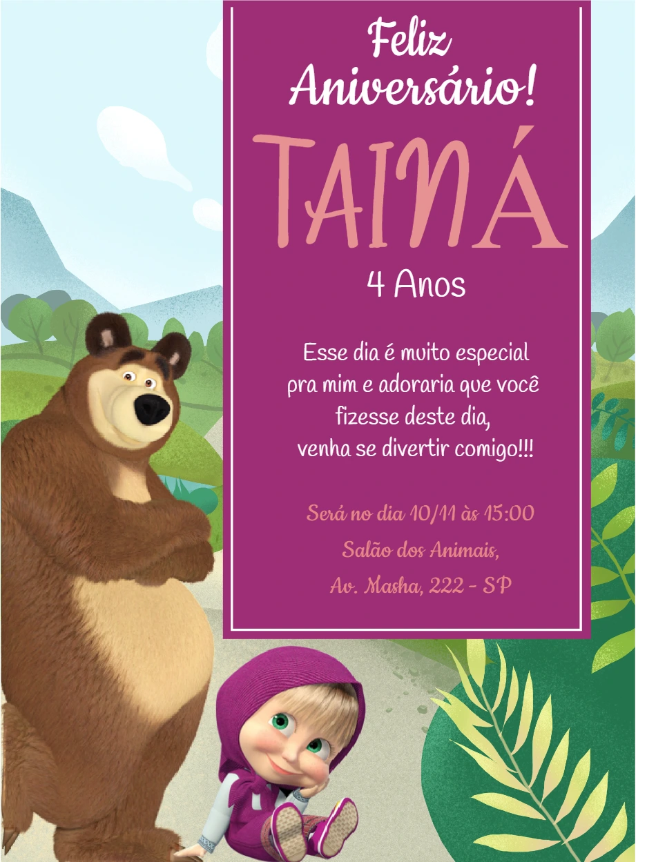 Convite de Aniversário Masha e o Urso Editável Online