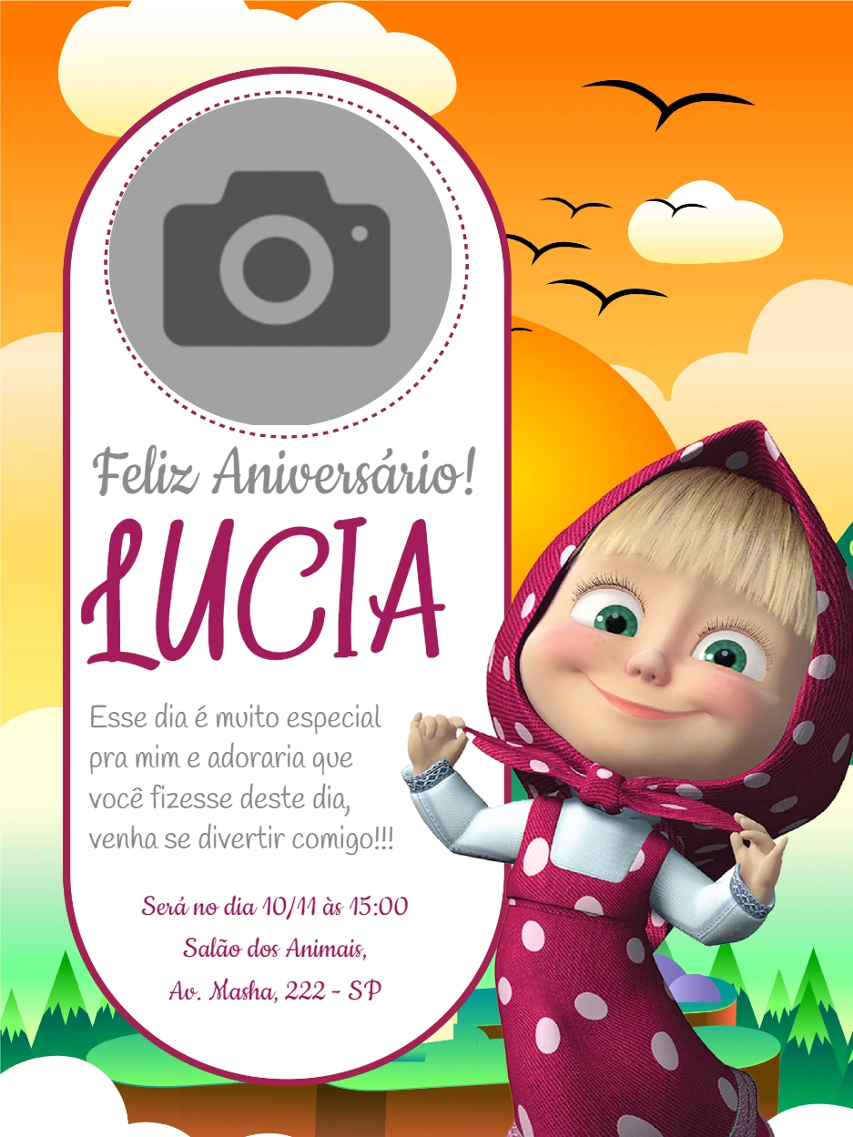 Convite Masha e o Urso com Foto para Editar Online