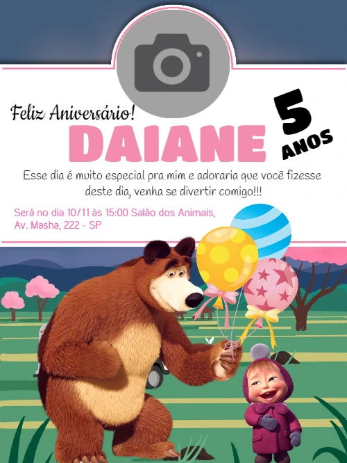 Convite de Aniversário Masha e o Urso com Foto para Editar