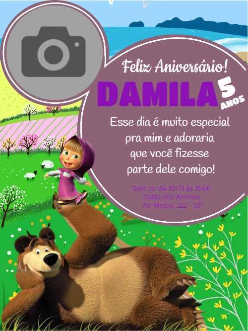 Convite Aniversário Masha e o Urso com Foto para Editar