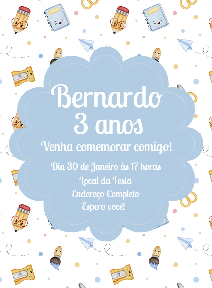 Convite de Aniversário Tema Escola para Editar Online