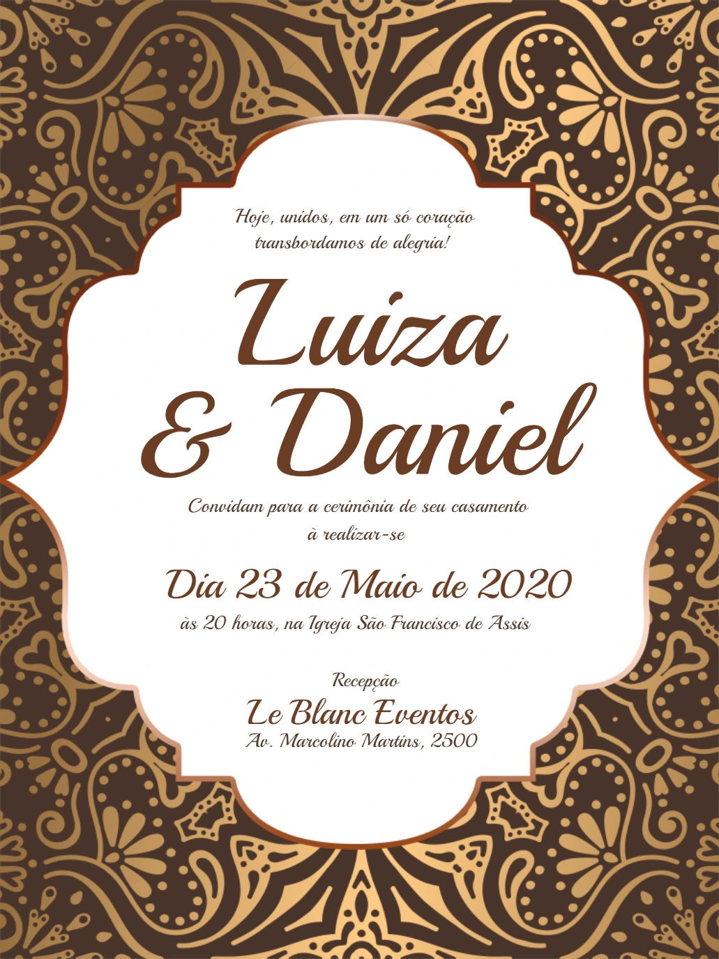 Convite de Casamento Arabescos Marrom e Dourado para Editar