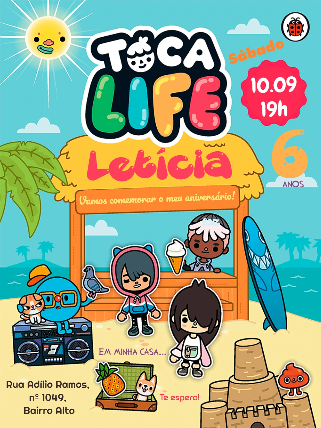 Convite Aniversário Toca Life World com Personagens para Editar