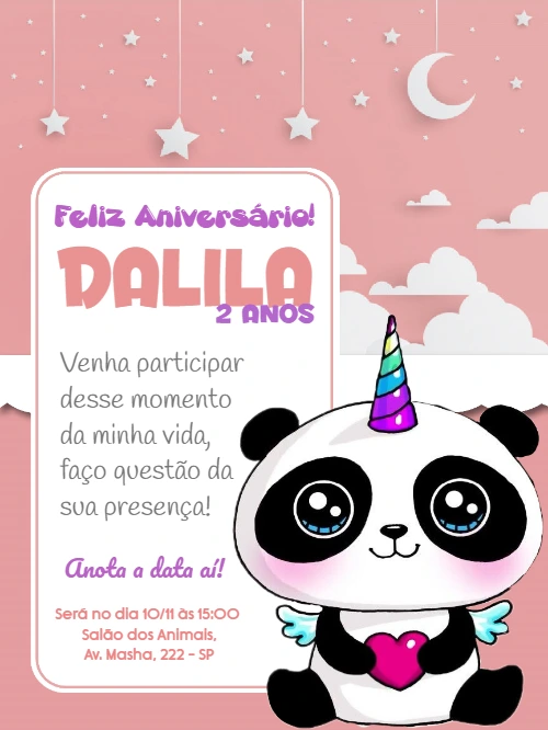 Convite Aniversário Panda Unicórnio para Editar Online