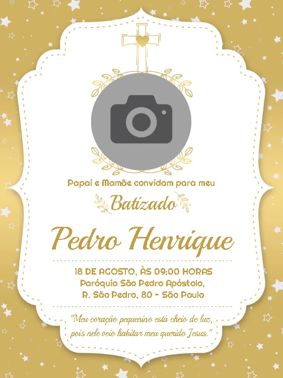 Convite de Batizado Dourado com Foto para Editar Online