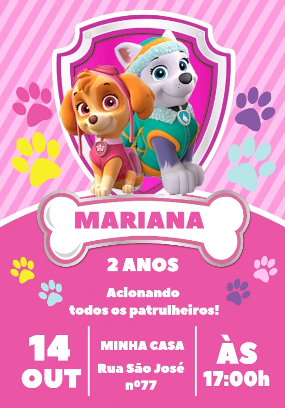 Convite Aniversário Skye e Everest Rosa para Editar Online