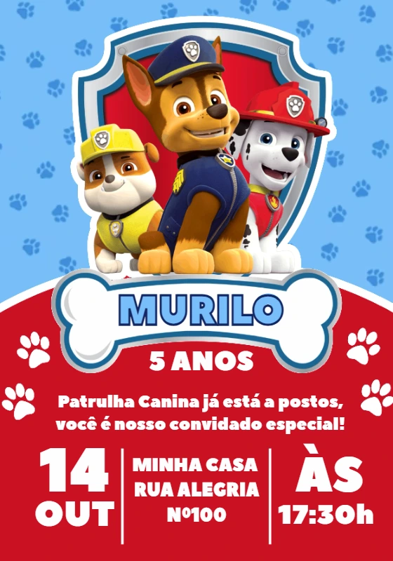 Convite de Aniversário Patrulha Canina para Editar Online