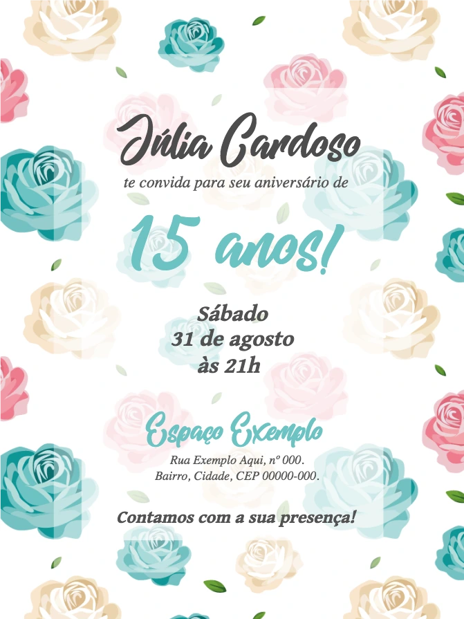 Convite de 15 Anos Floral com Rosas para Editar Online