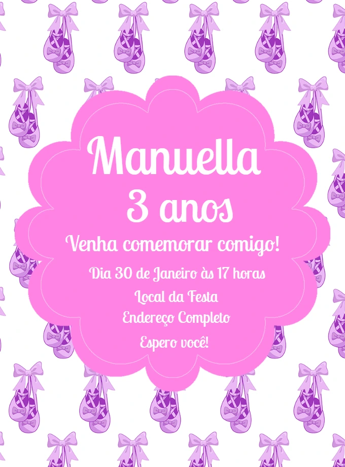 Convite de Aniversário Bailarina com Sapatilhas para Editar