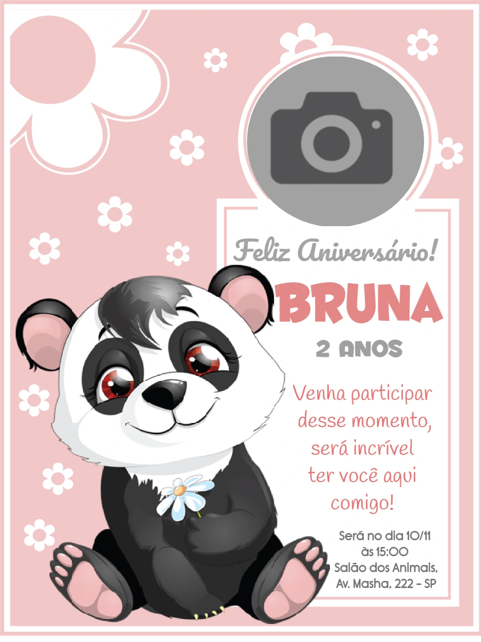Convite Aniversário Panda com Foto para Editar Online