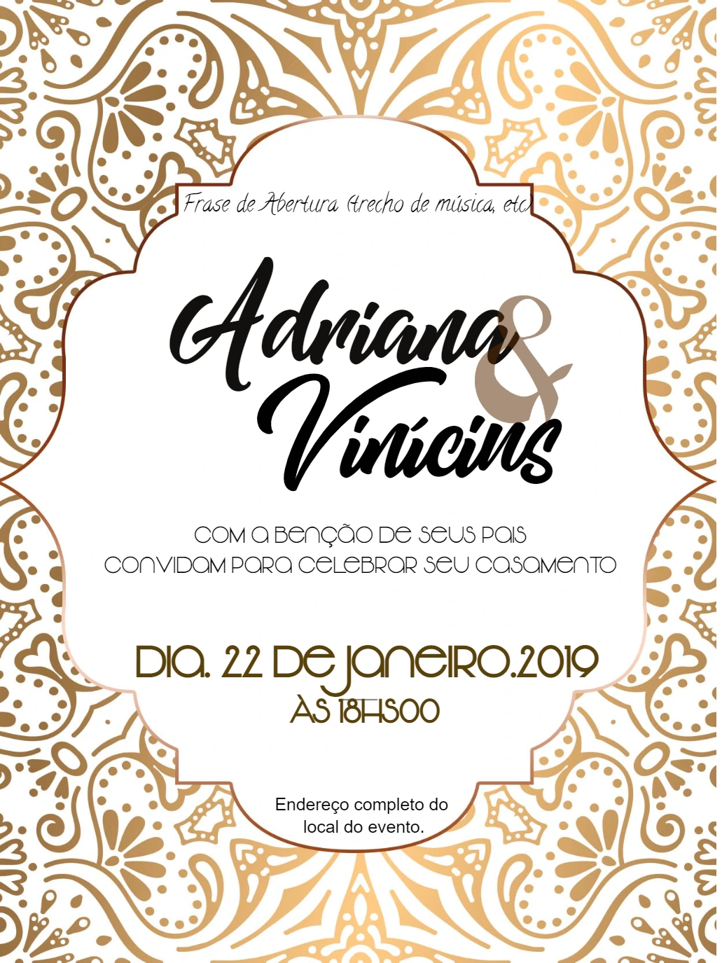 Convite de Casamento Arabescos Dourados para Editar Online