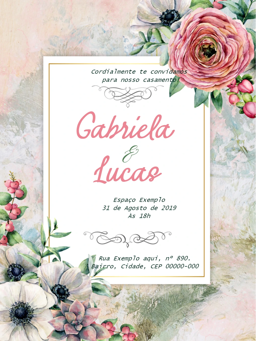 Convite de Casamento Floral Aquarela para Editar Online