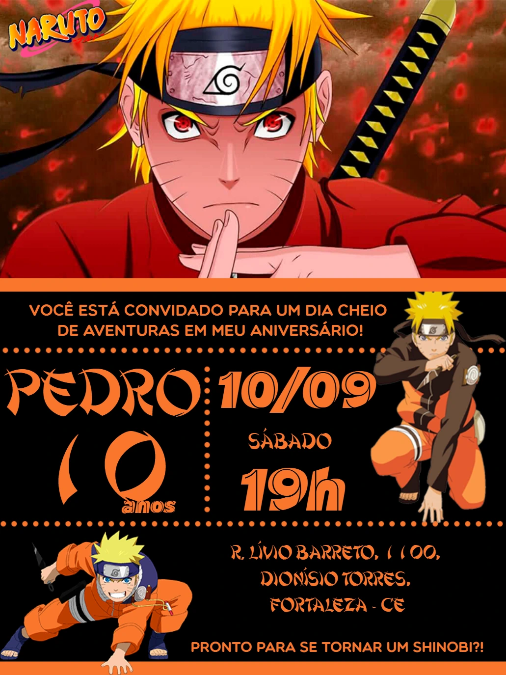 Convite de Aniversário Naruto Editável para Imprimir