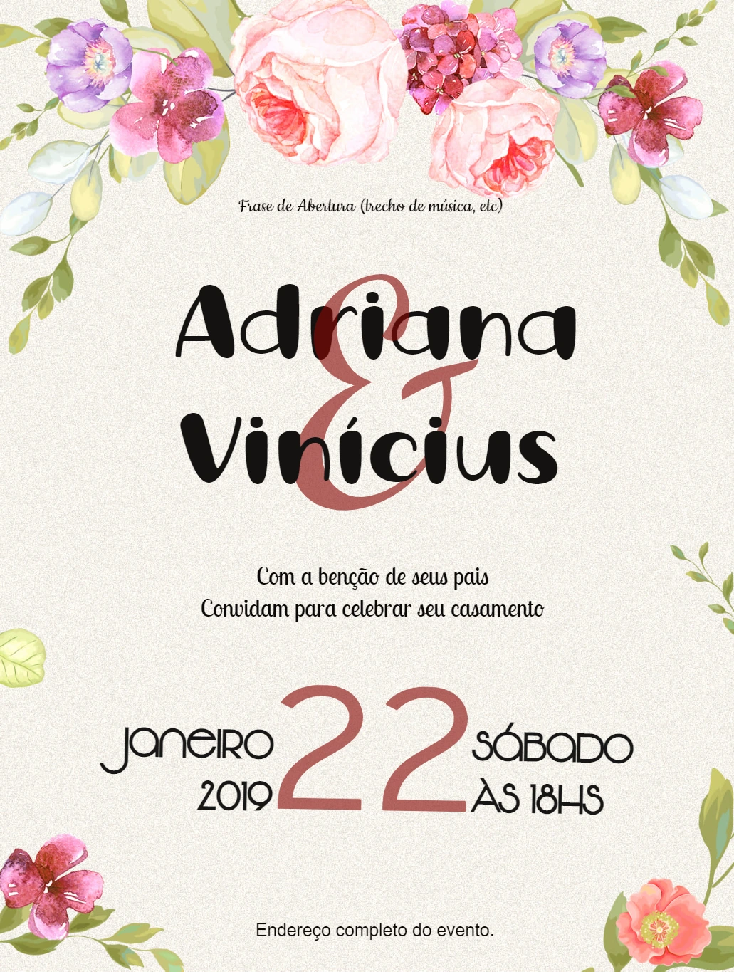 Convite de Casamento Floral Romântico para Editar Online
