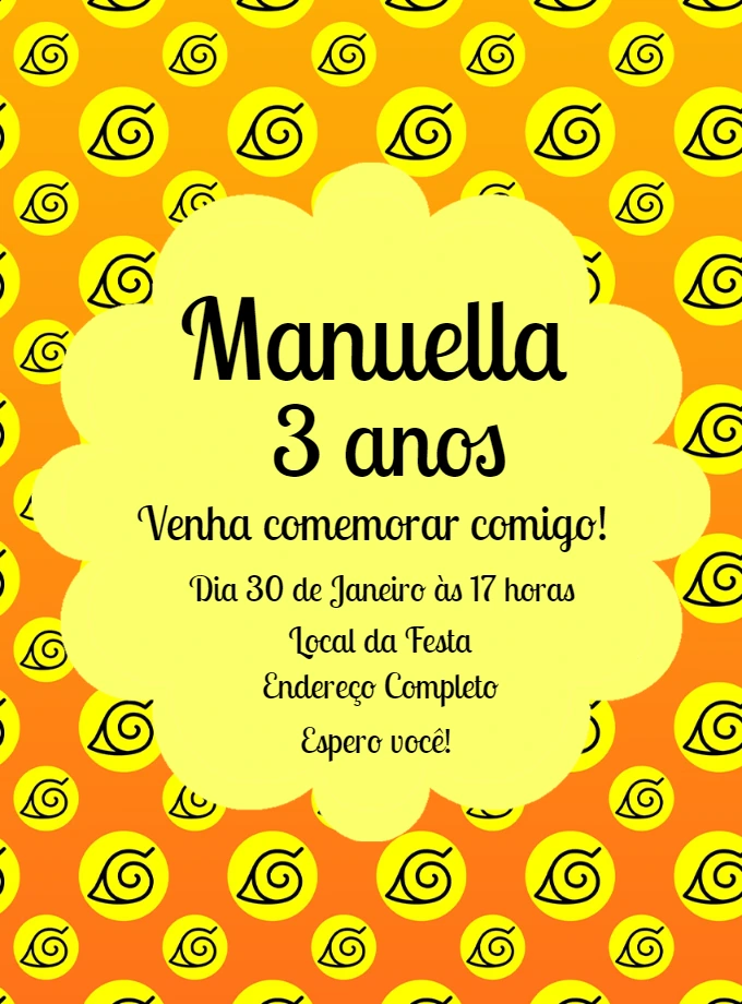 Convite Aniversário Naruto com Símbolo Konoha para Editar