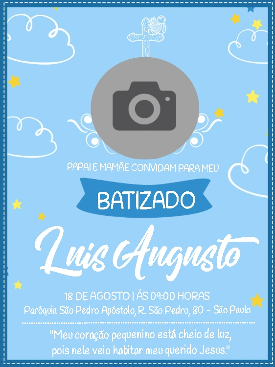 Convite de Batizado Azul com Foto para Editar Online