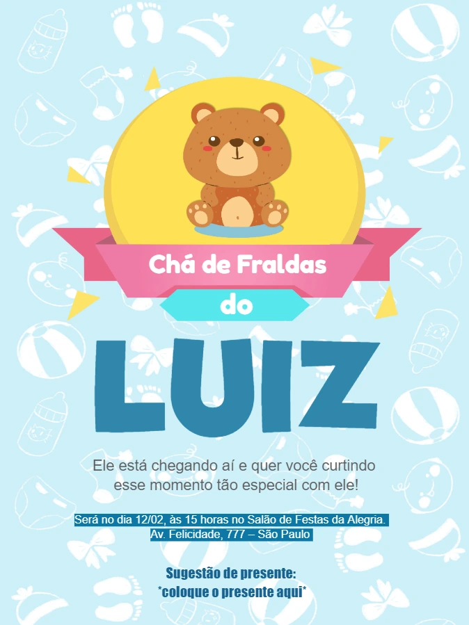 Convite Chá de Fraldas Ursinho Azul para Editar Online
