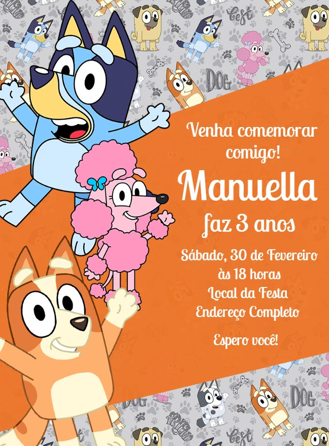 Convite de Aniversário Bluey e Bingo para Editar Online