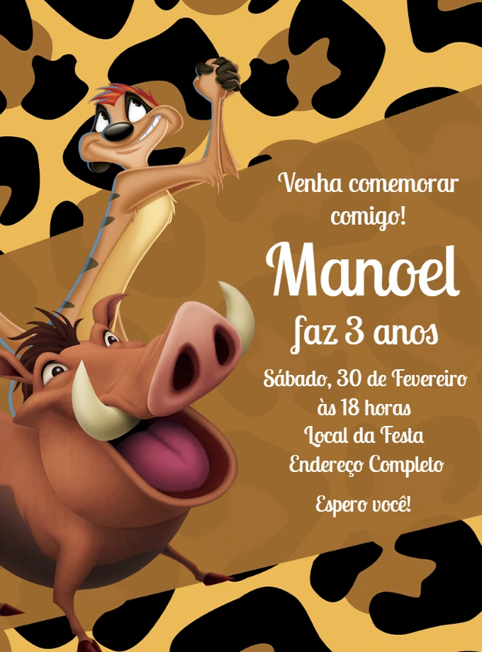 Convite Aniversário Timão e Pumba para Editar Online