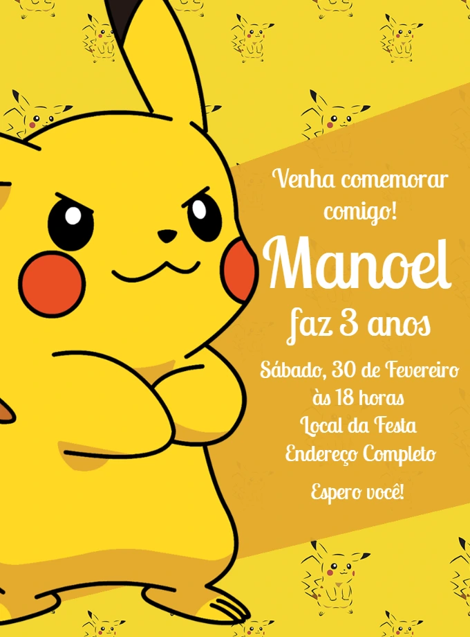 Convite de Aniversário Pokémon Pikachu para Editar Online