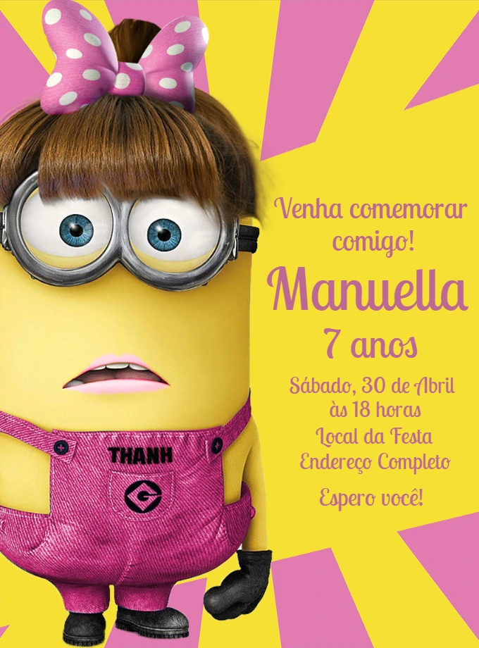 Convite Aniversário Minions Menina para Editar Online