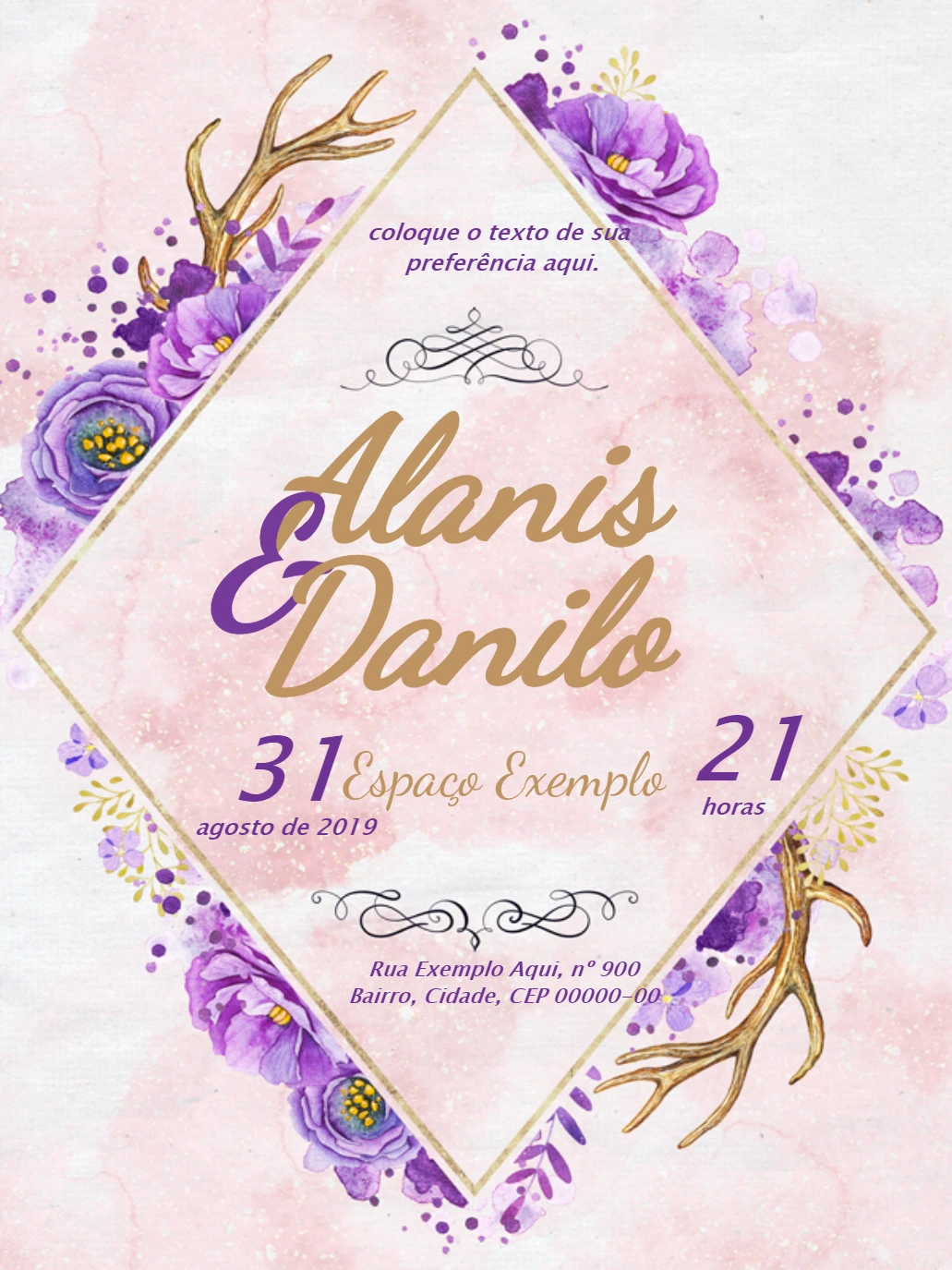 Convite de Casamento Boho com Flores Roxas para Editar Online