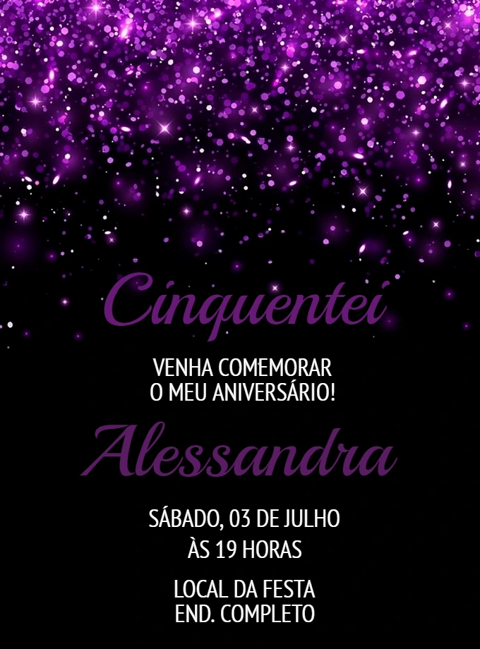 Convite de Aniversário Adulto Glitter Roxo para Editar Online