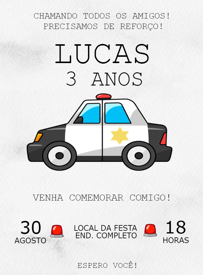 Convite de Aniversário Policial com Carro para Editar Online