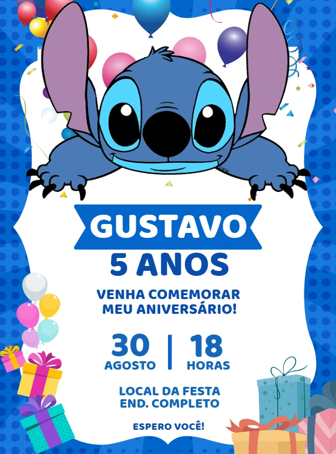 Convite de Aniversário Stitch Azul para Editar Online