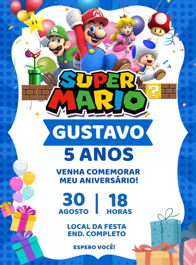 Convite de Aniversário Super Mario Editável para Imprimir