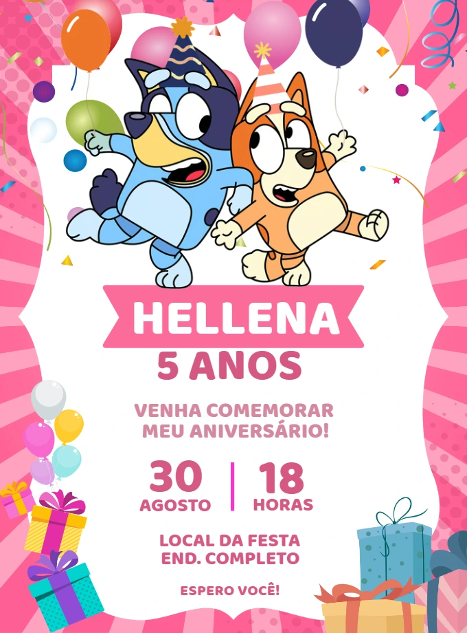 Convite Aniversário Bluey e Bingo Rosa para Editar Online