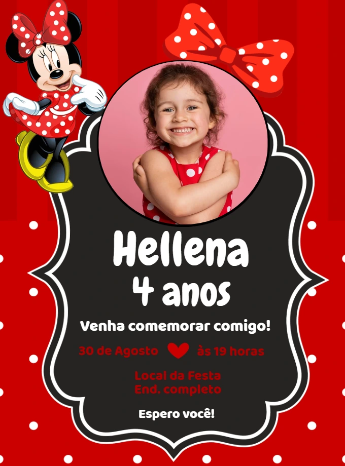 Convite de Aniversário Minnie Vermelha com Foto para Editar