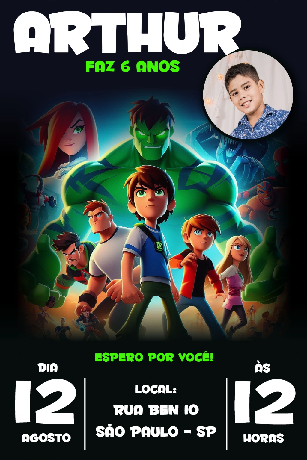 Convite de Aniversário Ben 10 com Foto para Editar Online