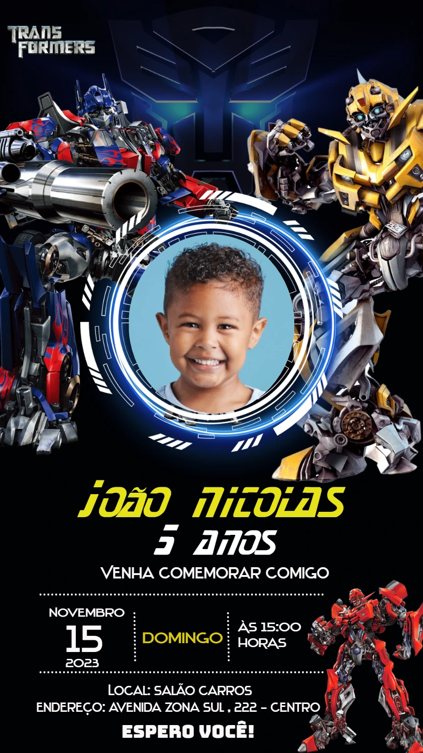 Convite Aniversário Transformers com Foto para Editar Online