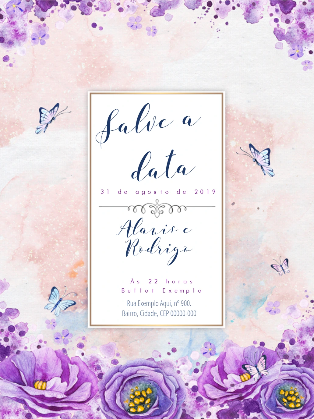 Convite de Casamento Floral Roxo com Borboletas para Editar