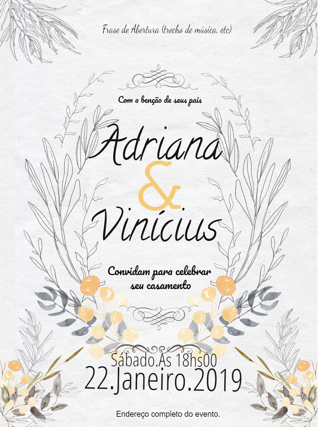 Convite de Casamento Floral Rústico para Editar Online