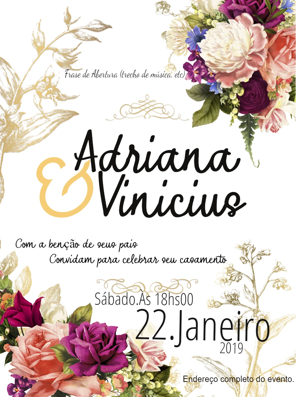 Convite de Casamento Floral Vintage para Editar Online