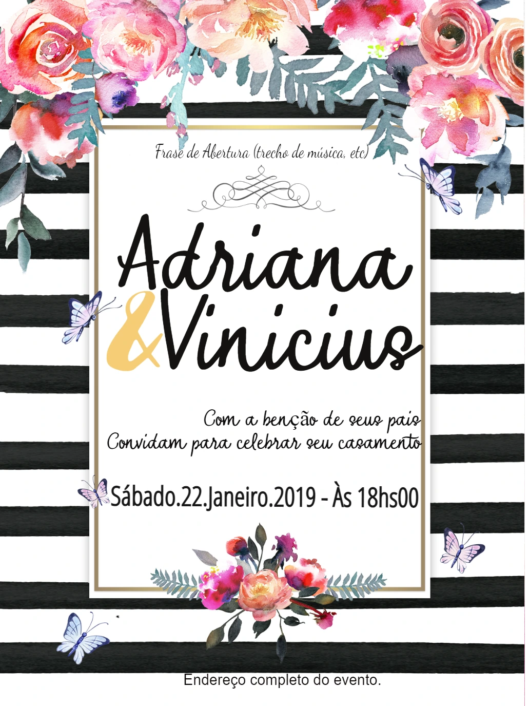 Convite de Casamento Floral Listrado para Editar Online