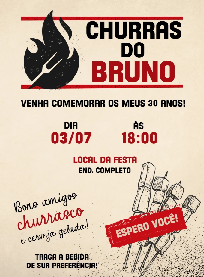 Convite Aniversário Churrasco Editável para Enviar Online