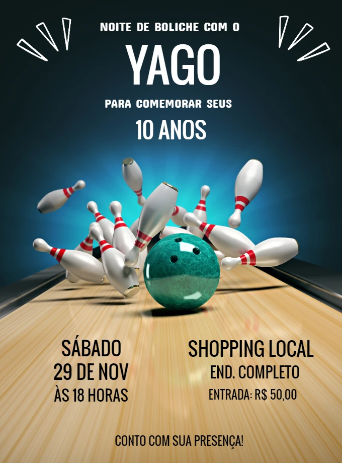 Convite de Aniversário Boliche para Editar Online