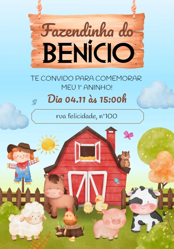 Convite Aniversário Fazendinha com Animais para Editar Online