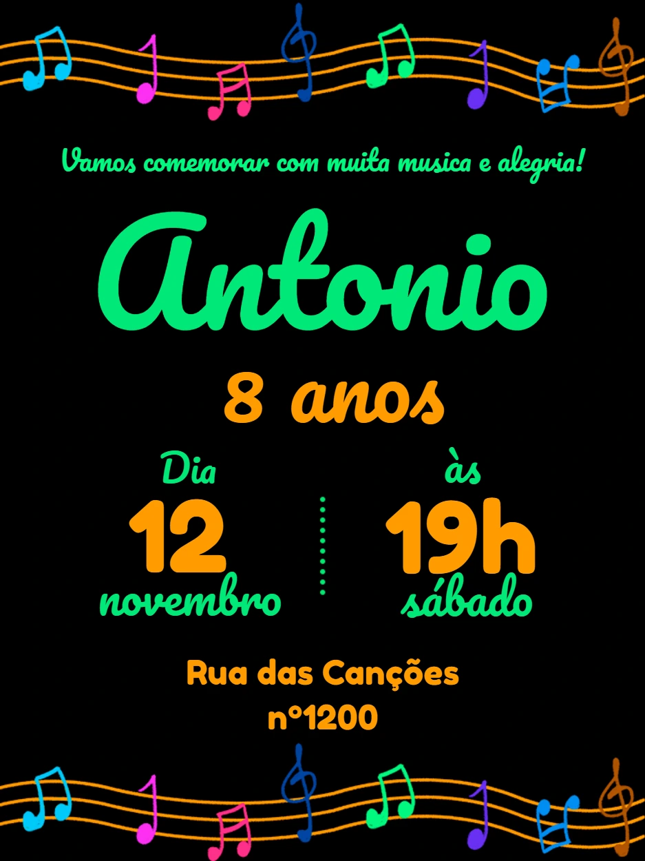 Convite de Aniversário Tema Música Editável Online