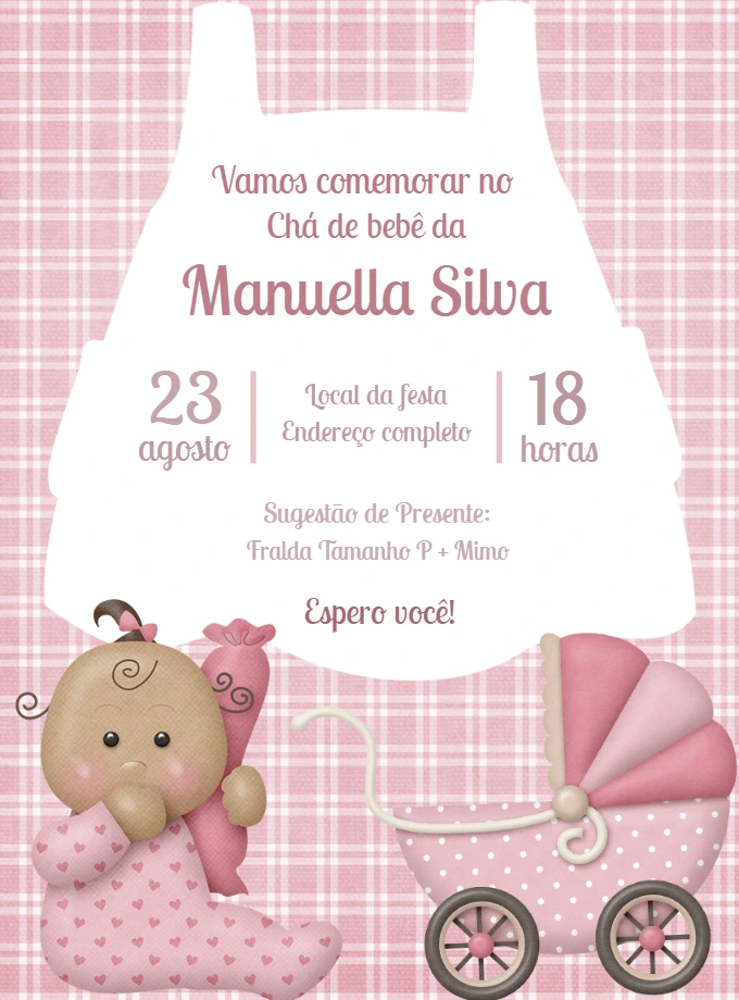 Convite Chá de Bebê Menina Rosa Xadrez para Editar Online