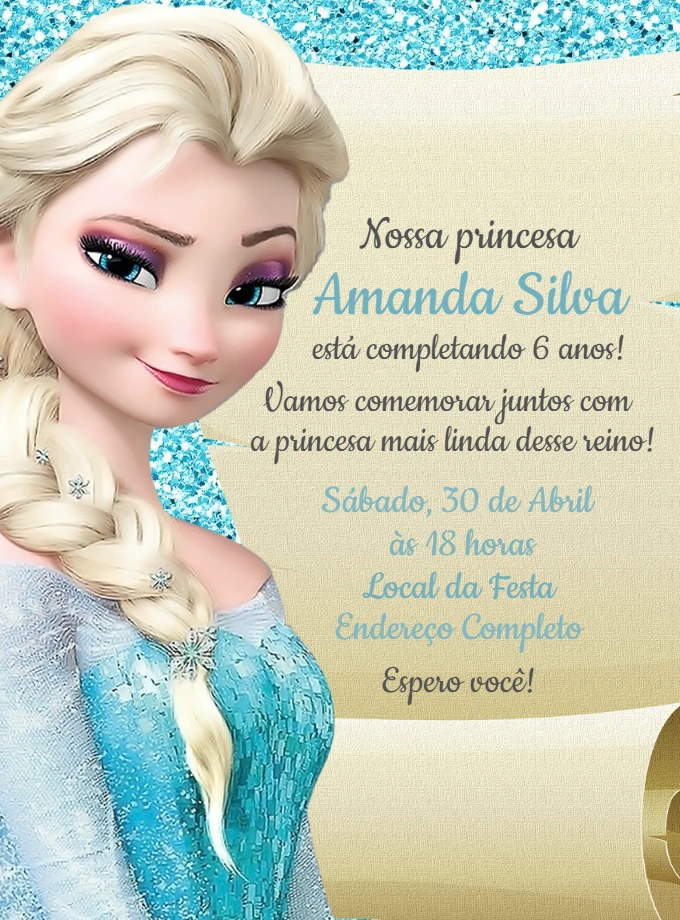Convite de Aniversário Frozen com a Elsa para Editar Online