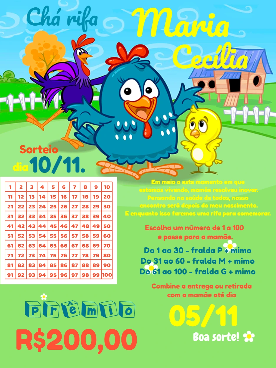 Convite Chá Rifa Galinha Pintadinha para Editar Online