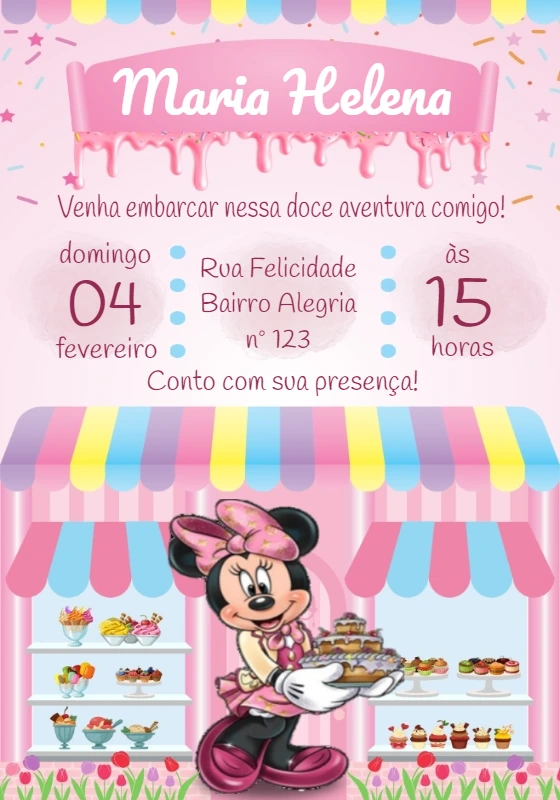 Convite Aniversário Confeitaria da Minnie para Editar Online